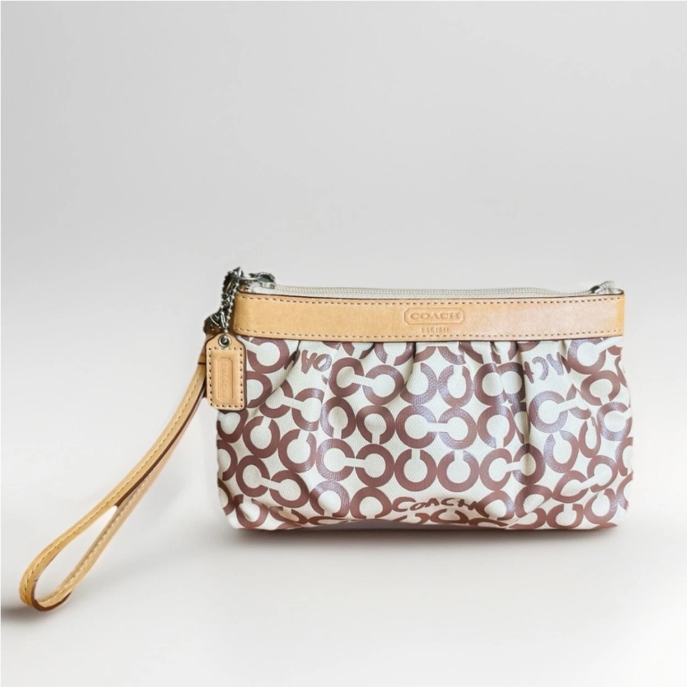 Coach Signature C Logo Canvas Wristlet Bag Tan/Brown/Cream with Leather Trim